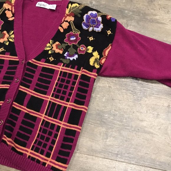 Vintage That's Me! Floral V‎ Neck Cardigan Women Size Medium Button Front - Picture 4 of 9